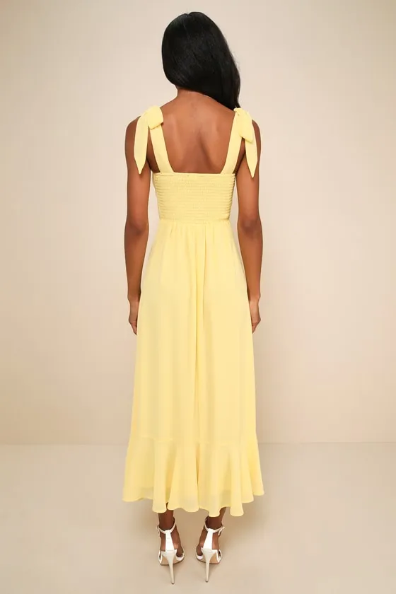 Summer Invite Yellow Tie-Strap Tiered Midi Dress sold by Lulus product image thumbnail 3