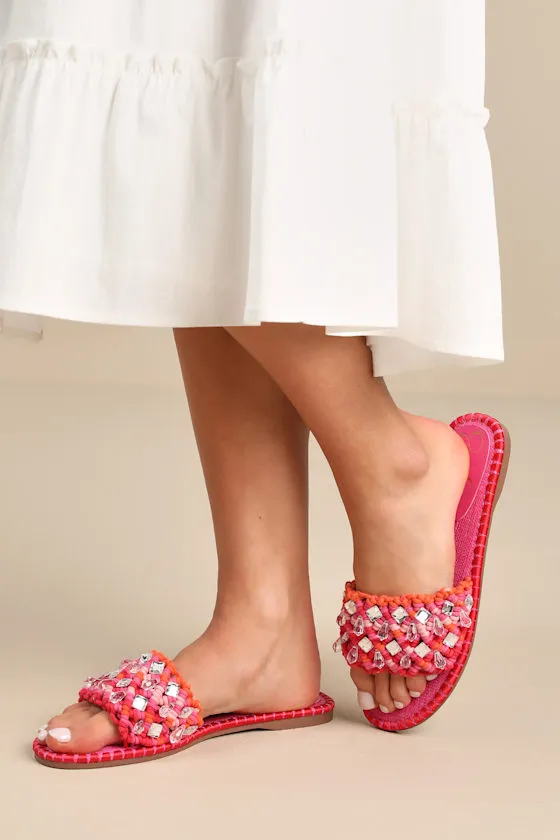 Brennara Bright Orchid Woven Rhinestone Slide Sandals sold by Lulus