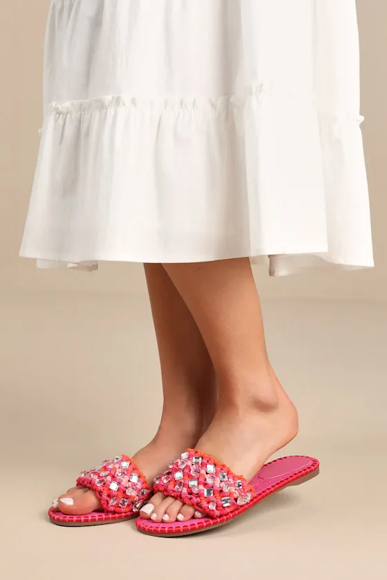 Brennara Bright Orchid Woven Rhinestone Slide Sandals sold by Lulus product image thumbnail 2