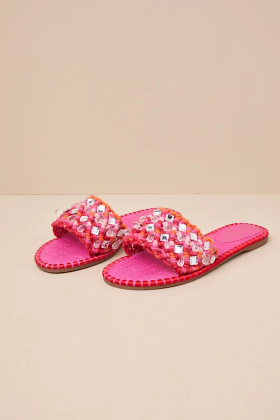 Brennara Bright Orchid Woven Rhinestone Slide Sandals sold by Lulus product image thumbnail 3
