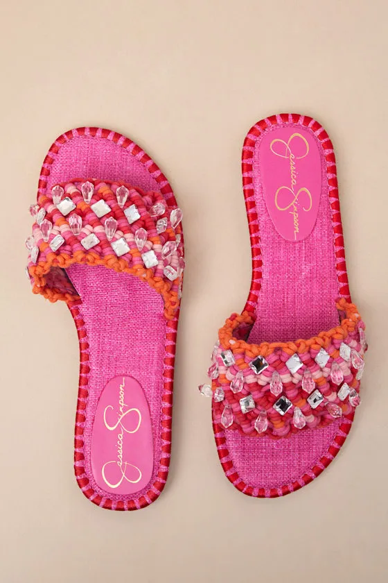 Brennara Bright Orchid Woven Rhinestone Slide Sandals sold by Lulus product image thumbnail 4