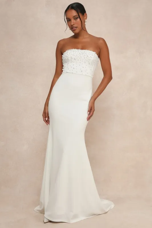 Remarkably Lovely White Pearl Strapless Mermaid Maxi Dress sold by Lulus