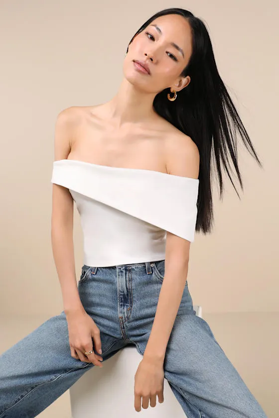 Lorina White Asymmetrical Off-the-Shoulder Top sold by Lulus