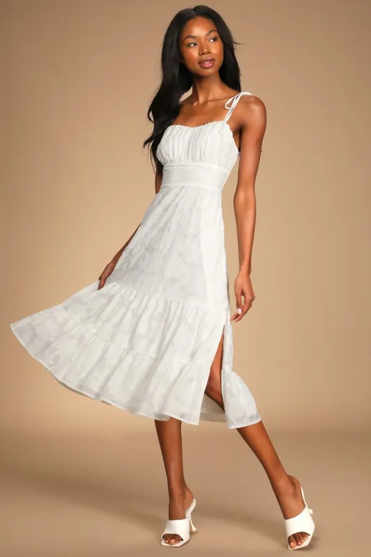Sweet Sentiments White Jacquard Tiered Midi Dress sold by Lulus