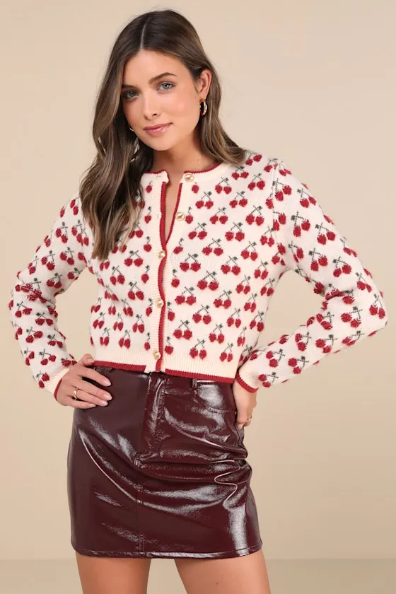 Warmly Adorable Cream and Red Cherry Cardigan Sweater sold by Lulus