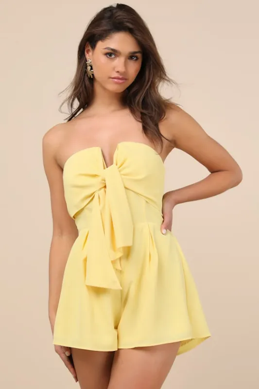 Inez Light Yellow Tie-Front Romper sold by Lulus