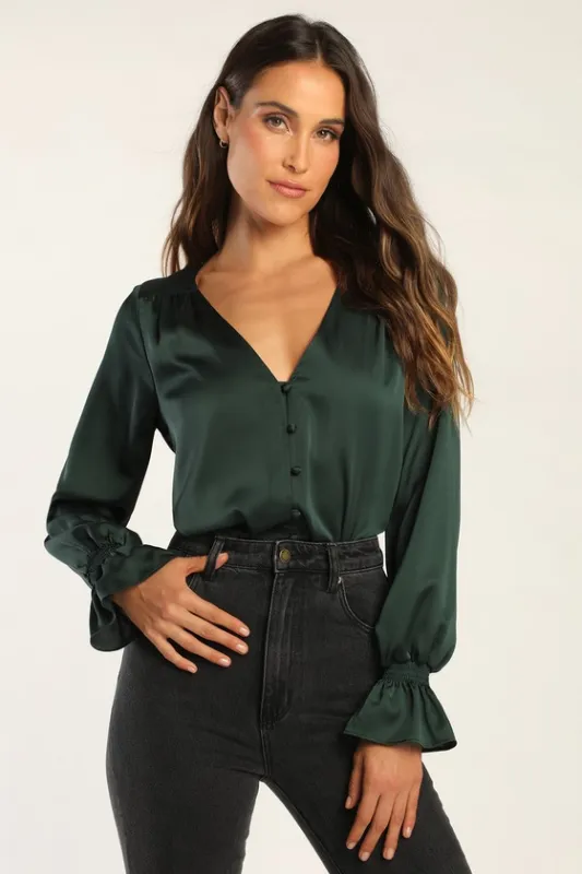 Essential Chic Dark Green Satin Long Sleeve Button-Up Top sold by Lulus