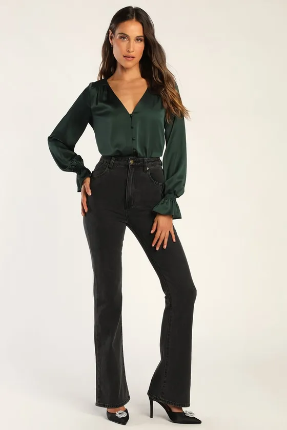 Essential Chic Dark Green Satin Long Sleeve Button-Up Top sold by Lulus product image thumbnail 2