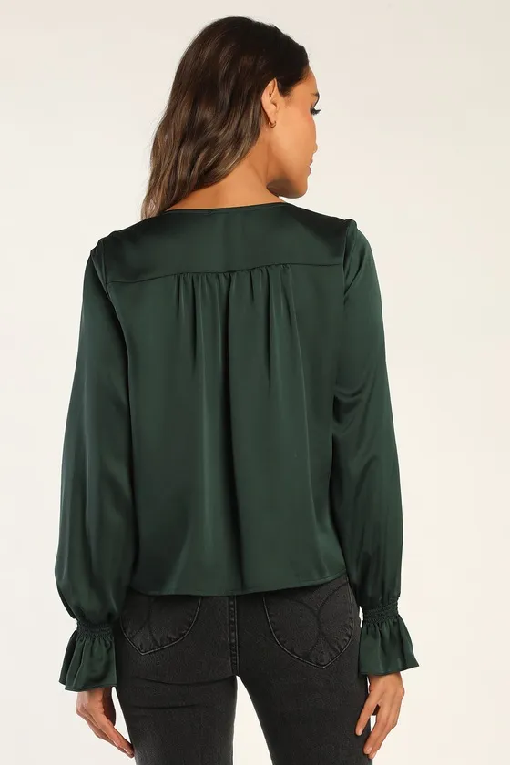 Essential Chic Dark Green Satin Long Sleeve Button-Up Top sold by Lulus product image thumbnail 3