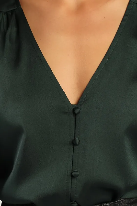Essential Chic Dark Green Satin Long Sleeve Button-Up Top sold by Lulus product image thumbnail 4