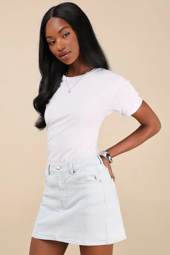 Malibu Light Wash Striped Denim Mini Skirt sold by Lulus