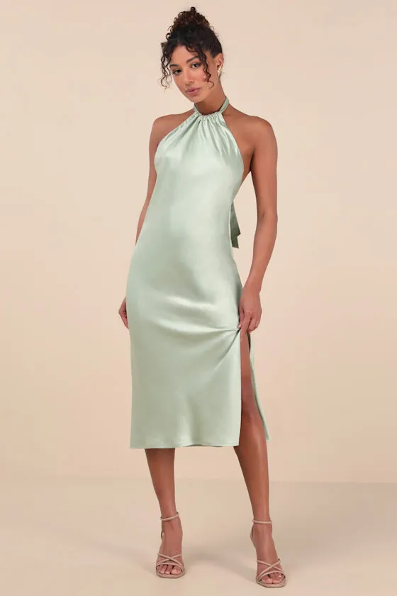 Angelique Sage Satin Backless Halter Midi Dress sold by Lulus