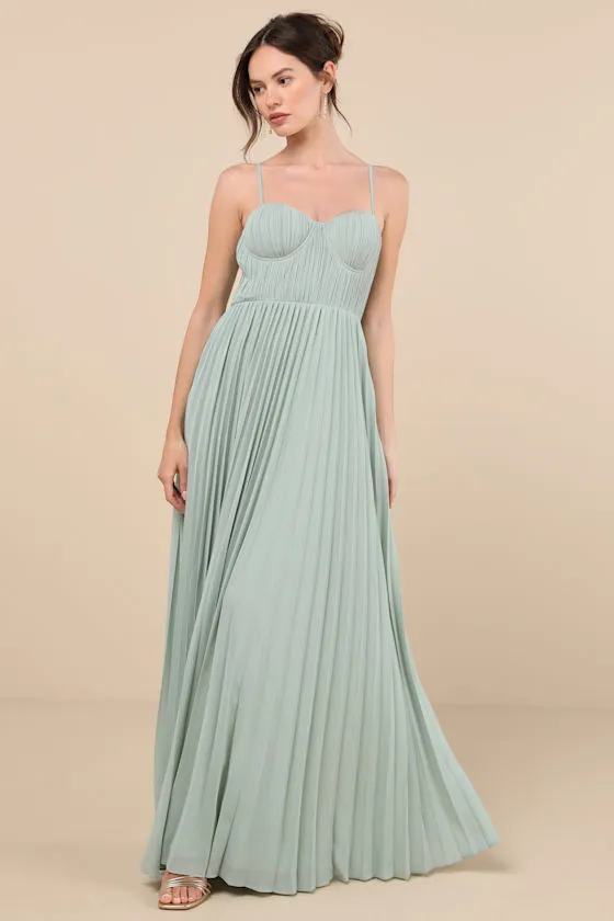 Admirable Elegance Sage Green Pleated Bustier Maxi Dress sold by Lulus