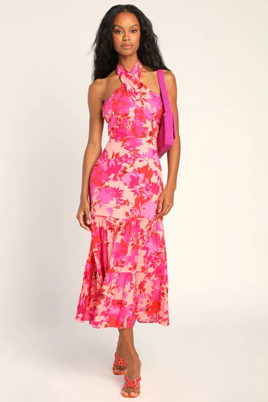 Always Eye-Catching Hot Pink Floral Tiered Halter Midi Dress sold by Lulus