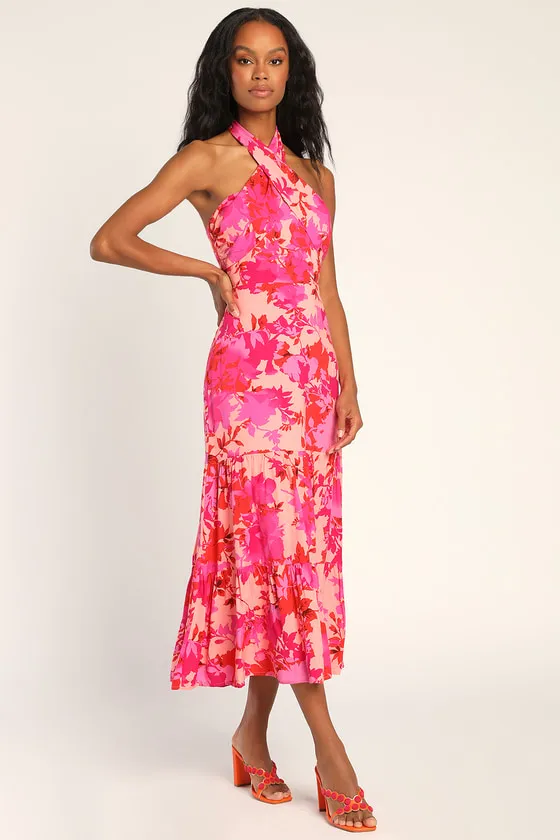Always Eye-Catching Hot Pink Floral Tiered Halter Midi Dress sold by Lulus product image thumbnail 3