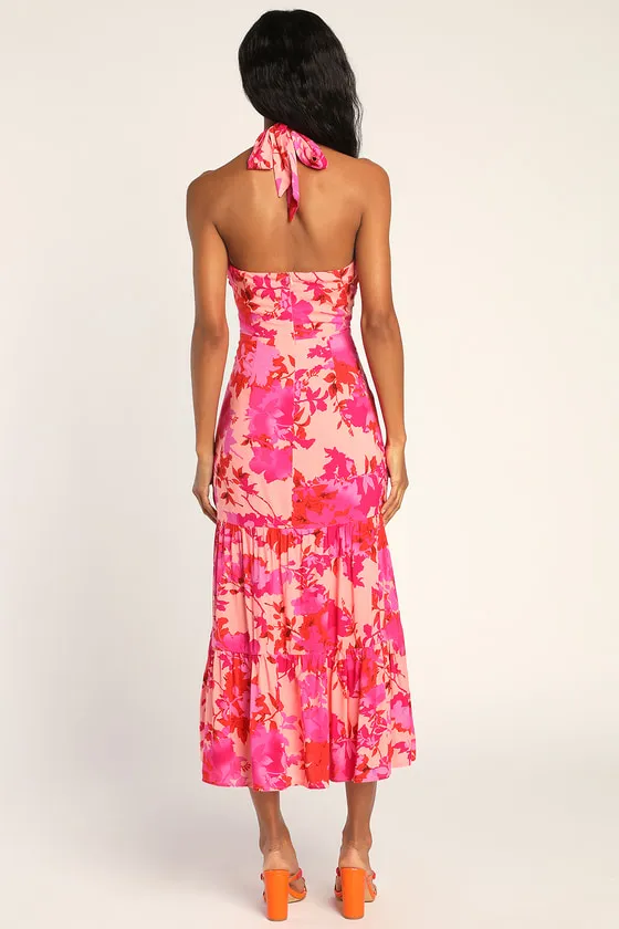 Always Eye-Catching Hot Pink Floral Tiered Halter Midi Dress sold by Lulus product image thumbnail 4