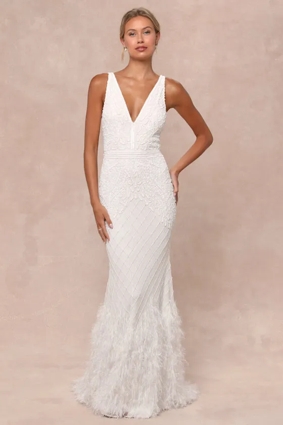 Glamorous Vow White Beaded Feather Lurex Mermaid Maxi Dress sold by Lulus