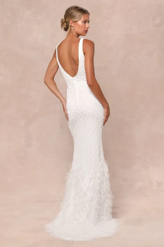 Glamorous Vow White Beaded Feather Lurex Mermaid Maxi Dress sold by Lulus product image thumbnail 2