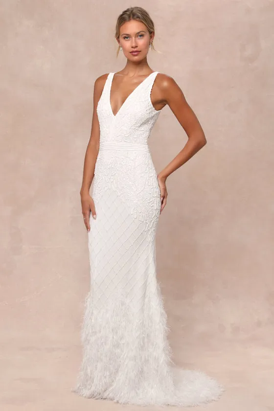 Glamorous Vow White Beaded Feather Lurex Mermaid Maxi Dress sold by Lulus product image thumbnail 3