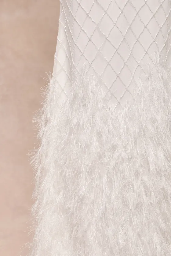 Glamorous Vow White Beaded Feather Lurex Mermaid Maxi Dress sold by Lulus product image thumbnail 4