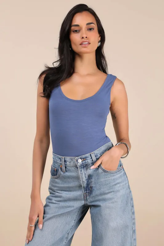 Unlimited Adventure Blue Sleeveless Scoop Neck Bodysuit sold by Lulus
