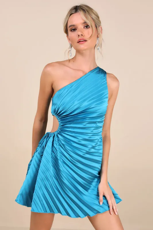 Constantly Poised Teal Satin Pleated One-Shoulder Mini Dress sold by Lulus
