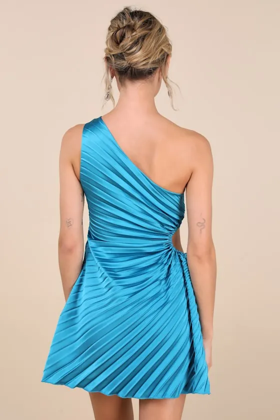 Constantly Poised Teal Satin Pleated One-Shoulder Mini Dress sold by Lulus product image thumbnail 2
