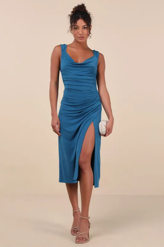 Flawless Effect Dark Teal Slinky Knit Cowl Tie-Back Midi Dress sold by Lulus