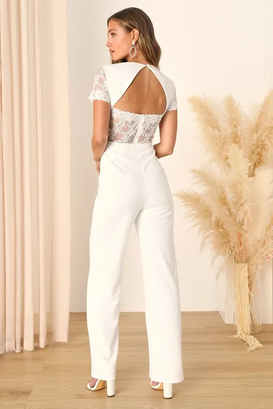 Romantic Enchantment Ivory Lace Short Sleeve Wide-Leg Jumpsuit sold by Lulus product image thumbnail 4