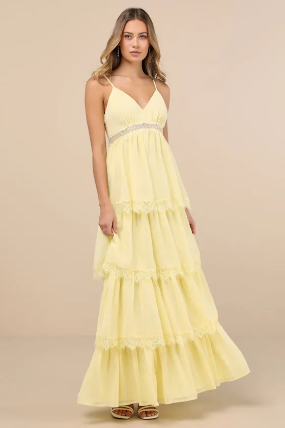 Reed Light Yellow Tiered Lace Maxi Dress sold by Lulus