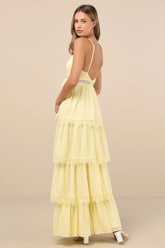 Reed Light Yellow Tiered Lace Maxi Dress sold by Lulus product image thumbnail 2