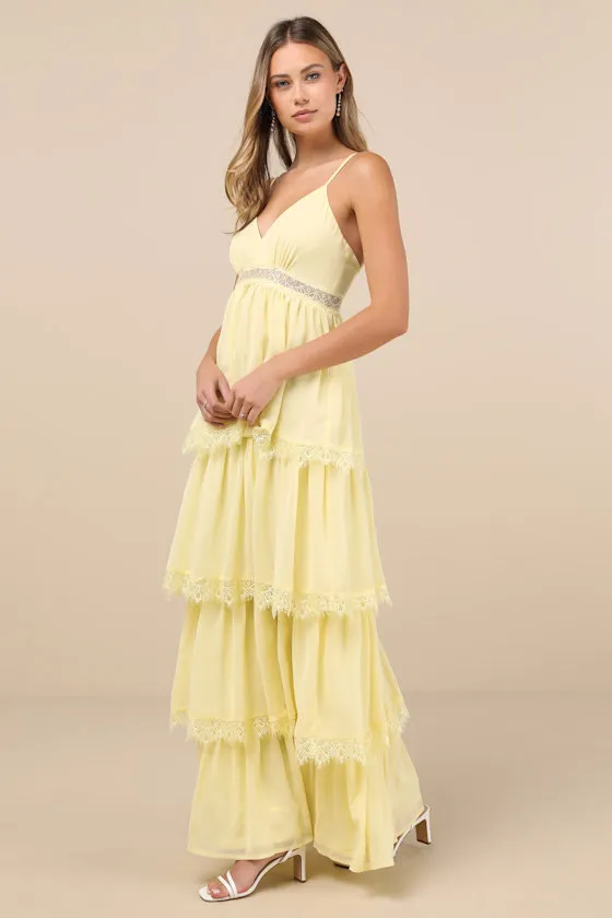 Reed Light Yellow Tiered Lace Maxi Dress sold by Lulus product image thumbnail 3