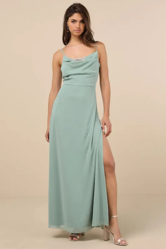 Eliora Sage Green Lace Cowl Neck Chiffon Maxi Dress sold by Lulus