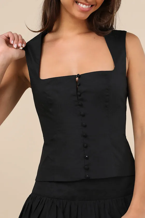 Evynne Black Poplin Cap Sleeve Button-Front Top sold by Lulus