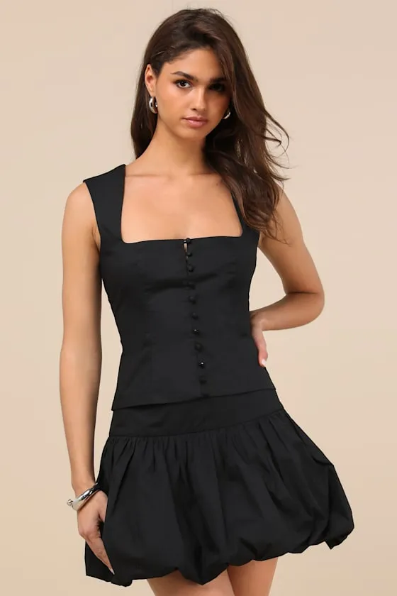 Evynne Black Poplin Cap Sleeve Button-Front Top sold by Lulus product image thumbnail 2
