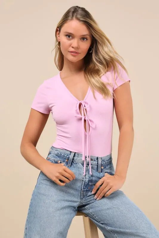 Lovely Ties Pink Ribbed Knit Tie-Front Short Sleeve Bodysuit sold by Lulus