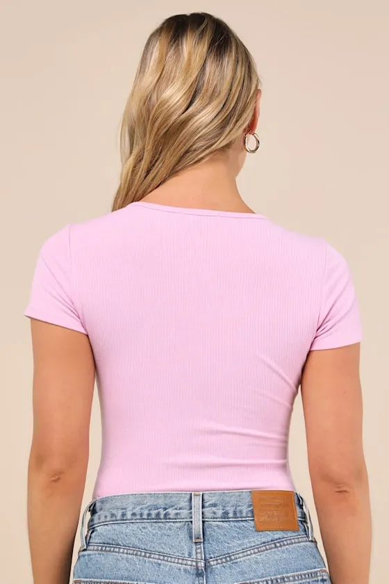 Lovely Ties Pink Ribbed Knit Tie-Front Short Sleeve Bodysuit sold by Lulus product image thumbnail 2