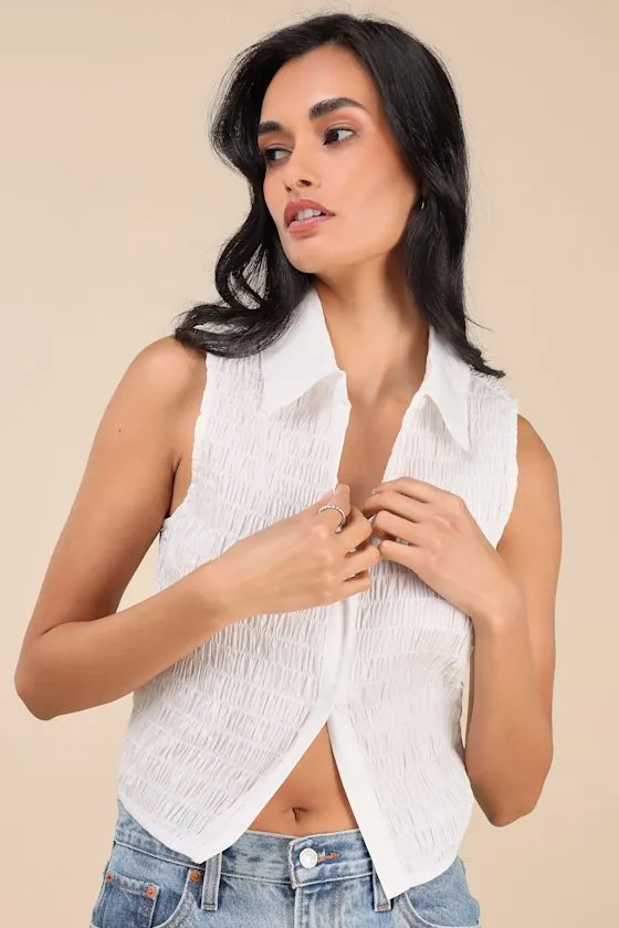 Ellema White Textured Sleeveless Collared Top sold by Lulus
