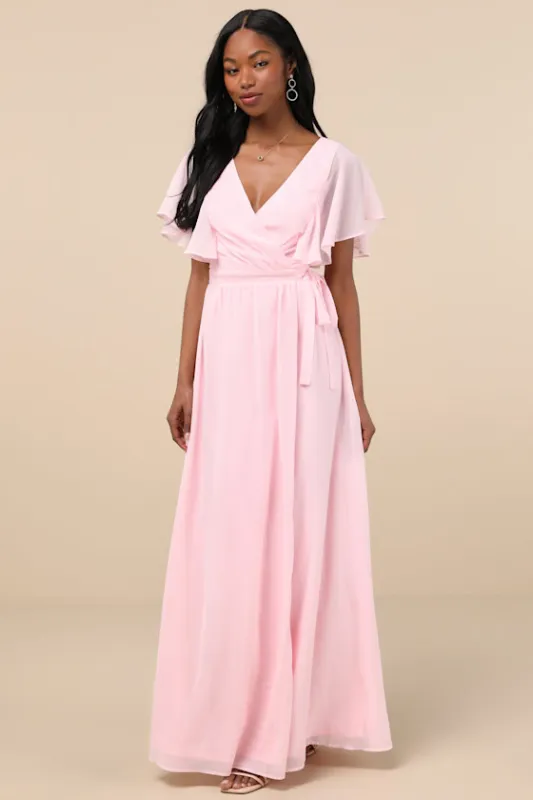 Convincing Grace Light Blush Flutter Sleeve Wrap Maxi Dress sold by Lulus