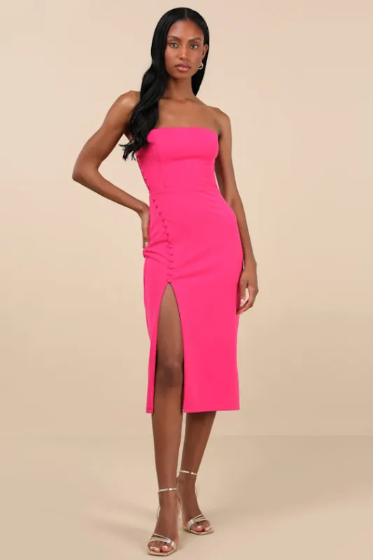 Loving the Feeling Fuchsia Strapless Bodycon Midi Dress sold by Lulus