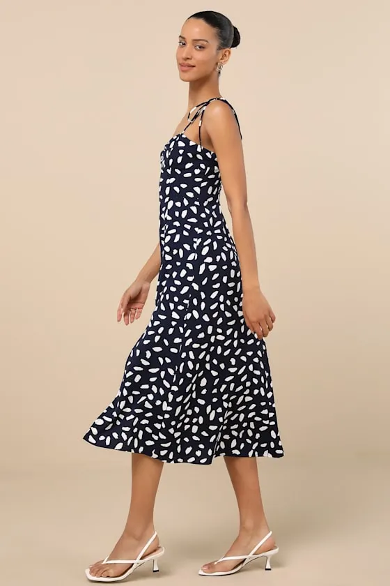 Party in Paris Navy Blue Print Tie-Strap Midi Dress sold by Lulus product image thumbnail 3