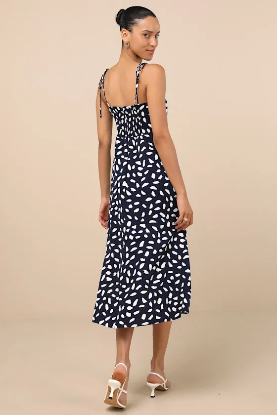 Party in Paris Navy Blue Print Tie-Strap Midi Dress sold by Lulus product image thumbnail 4