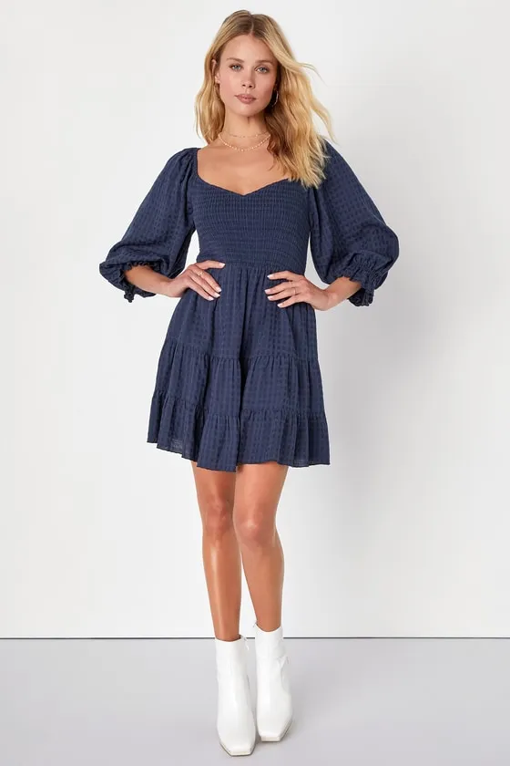 Charming Afternoon Navy Blue Gingham Balloon Sleeve Mini Dress sold by Lulus