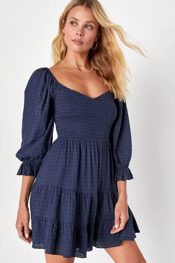 Charming Afternoon Navy Blue Gingham Balloon Sleeve Mini Dress sold by Lulus product image thumbnail 2