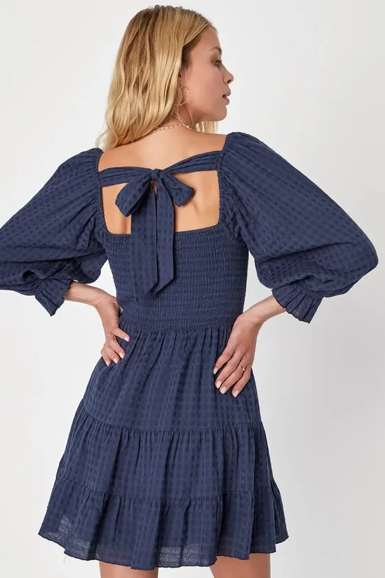 Charming Afternoon Navy Blue Gingham Balloon Sleeve Mini Dress sold by Lulus product image thumbnail 3