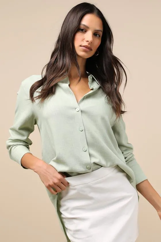 Notable Aesthetic Sage Green Linen Collared Button-Up Top sold by Lulus