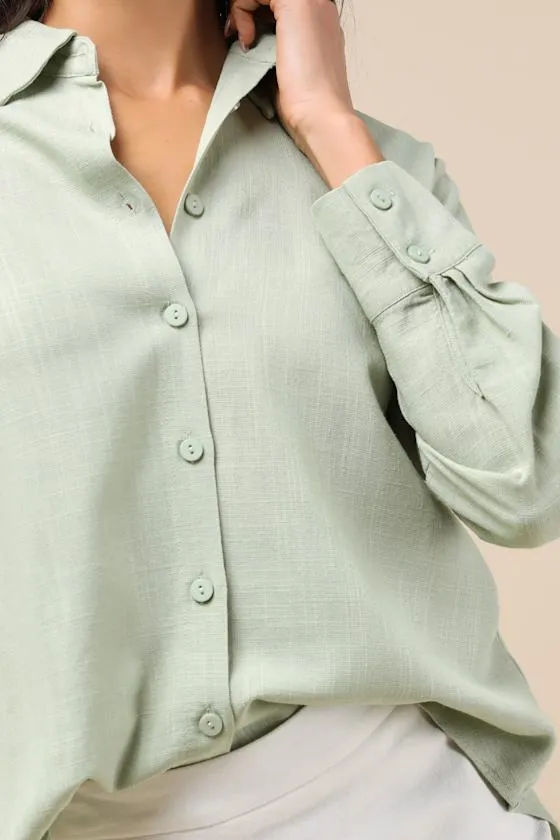 Notable Aesthetic Sage Green Linen Collared Button-Up Top sold by Lulus product image thumbnail 4