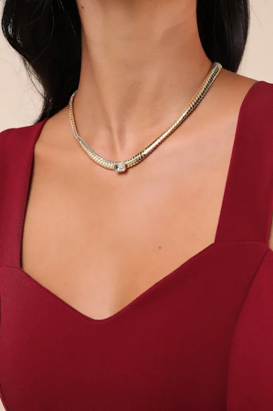 Charming Boldness Gold and Clear Rhinestone Choker Necklace sold by Lulus