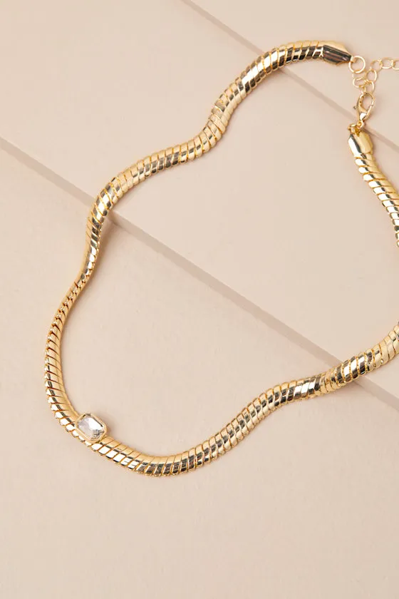Charming Boldness Gold and Clear Rhinestone Choker Necklace sold by Lulus product image thumbnail 2