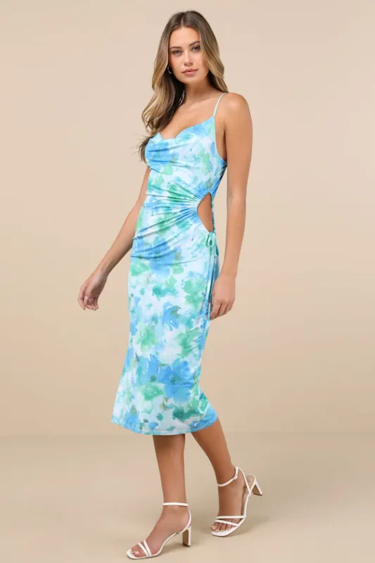 Vibrant Babe Blue Multi Floral Cutout Drawstring Midi Dress made by Lulus